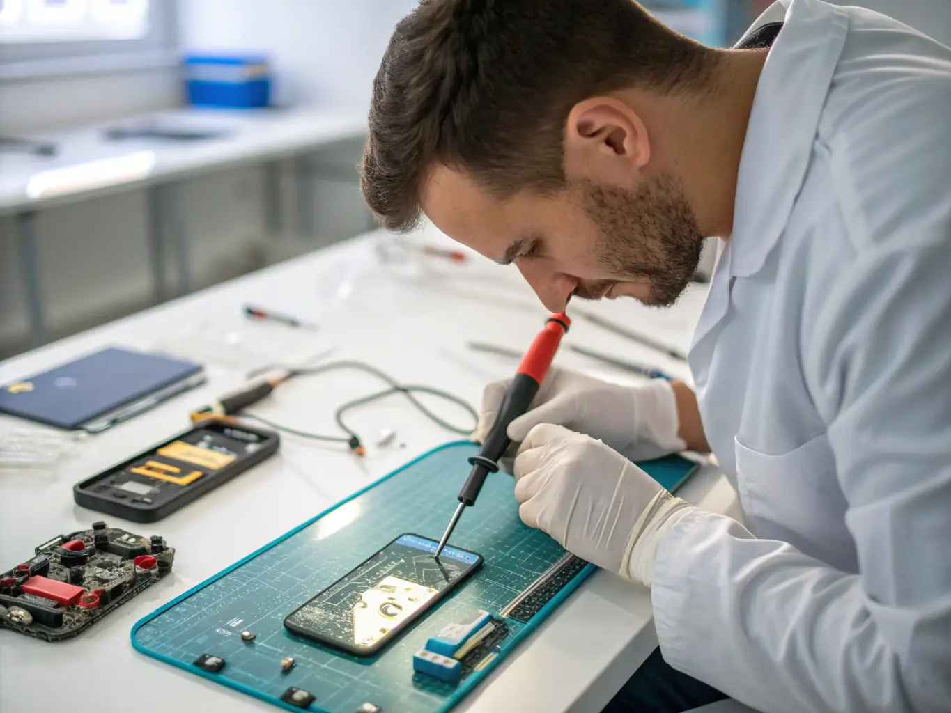 A close-up shot of an ADFLOR TRANS NETRE technician meticulously cleaning an iPhone screen with a microfiber cloth in a brightly lit, sterile environment. The focus is on the cleanliness and attention to detail.