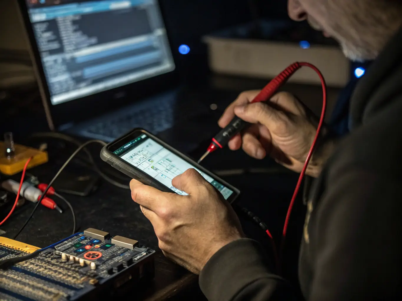 An image showcasing a technician using specialized diagnostic equipment to test the functionality of an iPhone. The screen displays various test results, highlighting the thoroughness of the testing process.